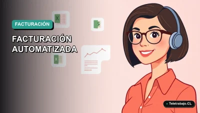 Ilustración vectorial plana de estilo premium que muestra una mujer profesional chilena trabajando de forma remota junto a elementos de automatización de facturas en Excel, sobre un fondo degradado moderno.