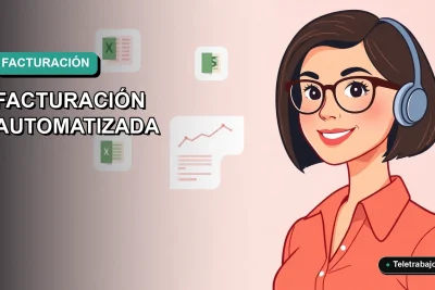 Ilustración vectorial plana de estilo premium que muestra una mujer profesional chilena trabajando de forma remota junto a elementos de automatización de facturas en Excel, sobre un fondo degradado moderno.