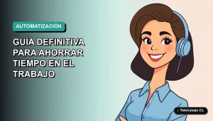 Ilustración vectorial plana de una trabajadora chilena sonriente con blusa azul, frente a un fondo degradado suave, representando la automatización de Outlook para ahorrar tiempo.