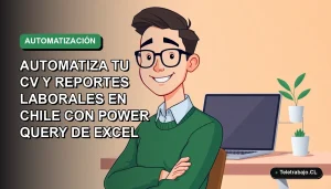 Ilustración vectorial plana de un trabajador remoto masculino con suéter verde, sonriendo, junto a un escritorio moderno con laptop, sobre un fondo de gradiente suave azul verdoso.