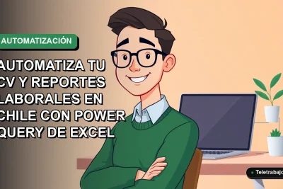 Ilustración vectorial plana de un trabajador remoto masculino con suéter verde, sonriendo, junto a un escritorio moderno con laptop, sobre un fondo de gradiente suave azul verdoso.