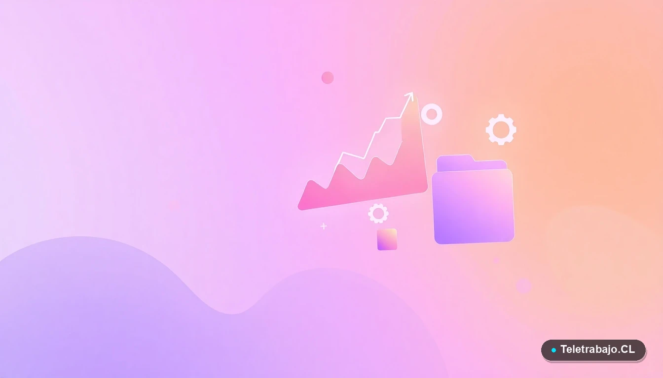 Iconos flotantes de automatización: gráficos, engranajes y carpetas en estilo ilustración plana con colores lavanda y durazno.