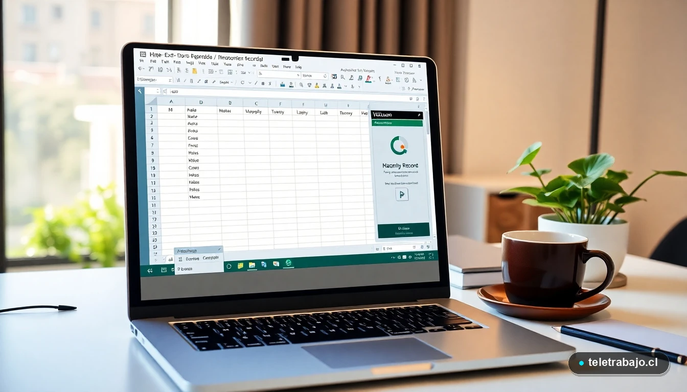 Profesional chileno teletrabajando y utilizando la función de grabar macros en Microsoft Excel para automatizar tareas repetitivas.