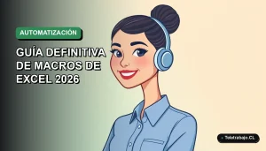 Ilustración plana vectorial de una trabajadora remota chilena sonriente, con blusa azul y pelo recogido, sobre un fondo de gradiente suave verde marino. Concepto de automatización de teletrabajo.