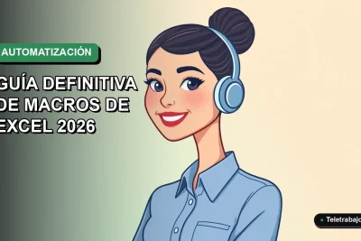 Ilustración plana vectorial de una trabajadora remota chilena sonriente, con blusa azul y pelo recogido, sobre un fondo de gradiente suave verde marino. Concepto de automatización de teletrabajo.