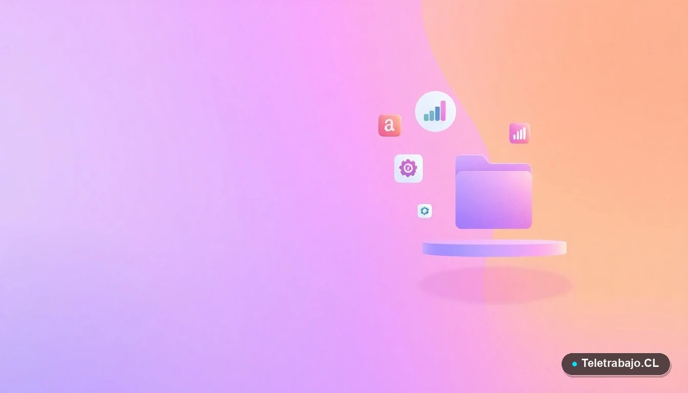 Interfaz de usuario abstracta con iconos flotantes de Excel, gráficos y engranajes en colores lavanda y durazno, sobre fondo degradado. Representación visual de automatización y productividad.