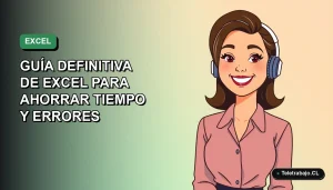 Ilustración plana de mujer profesional chilena sonriente, con fondo degradado azul y verde, representando automatización de trabajo con Excel.