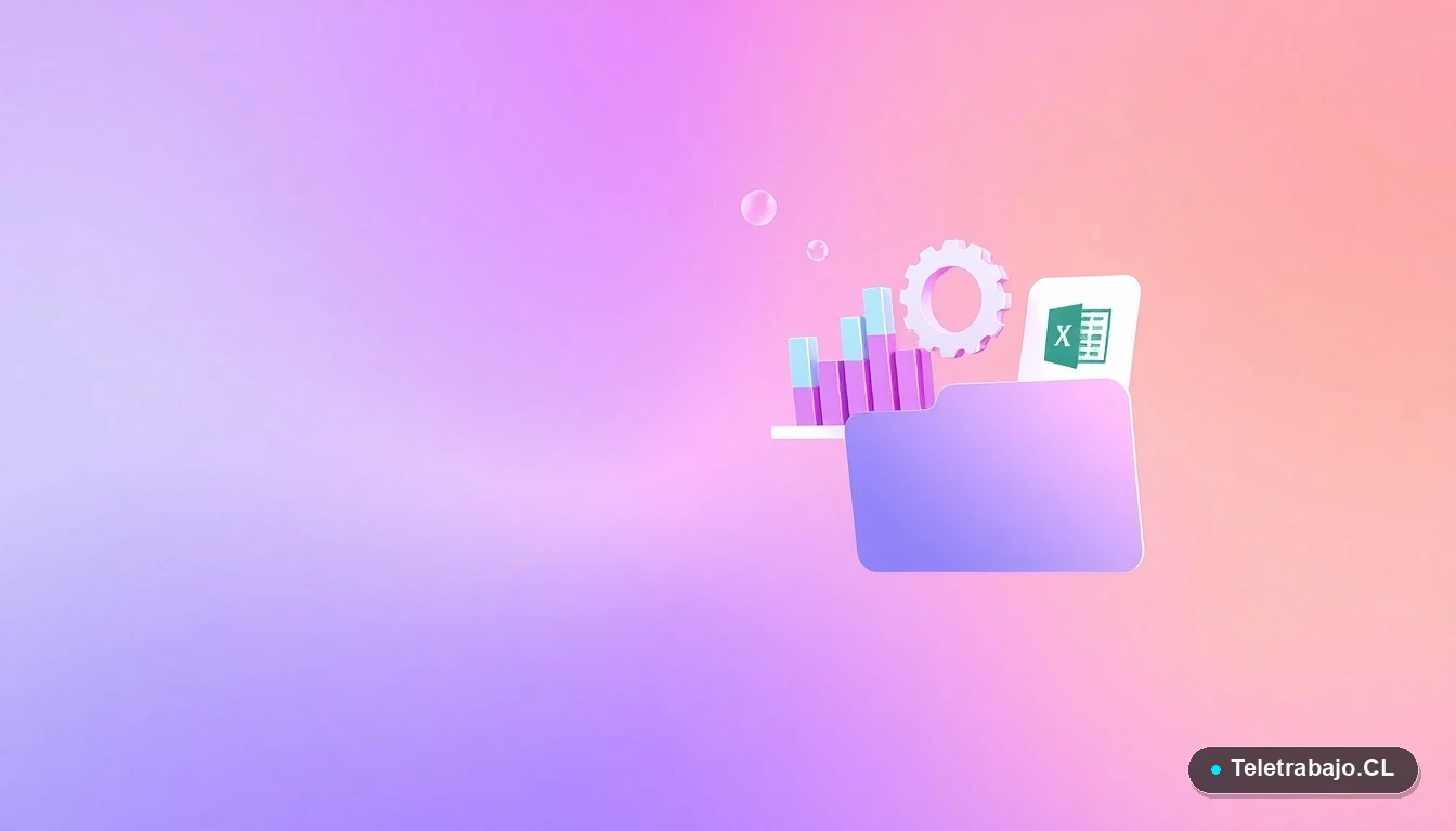 Elementos de interfaz de usuario abstractos y modernos, como gráficos flotantes y un engranaje, sobre fondo degradado lila y durazno, simbolizando automatización tecnológica.