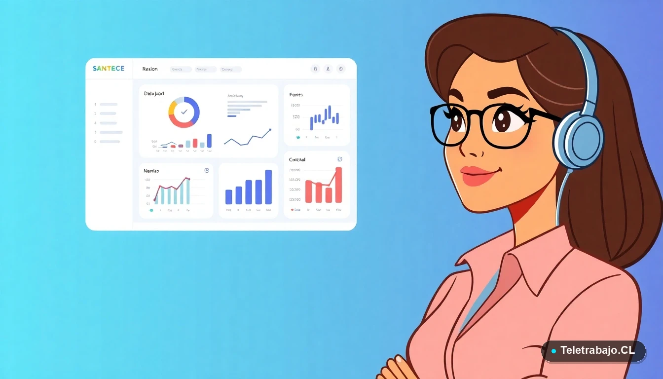 Profesional chilena analizando informes SENCE en un dashboard creado con Power Query, estilo ilustración plana moderna.