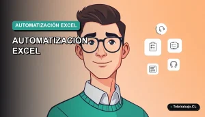 Ilustración vectorial plana premium de un trabajador remoto chileno junto a iconos de Power Query y Macros, sobre fondo degradado moderno, representando el dominio de Excel para el teletrabajo.