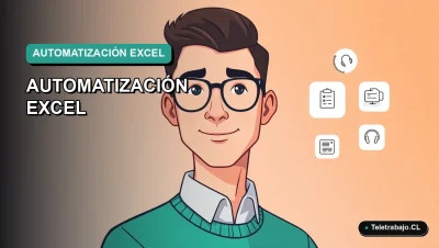 Ilustración vectorial plana premium de un trabajador remoto chileno junto a iconos de Power Query y Macros, sobre fondo degradado moderno, representando el dominio de Excel para el teletrabajo.
