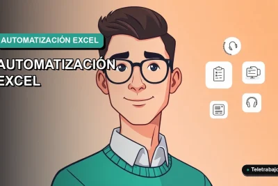 Ilustración vectorial plana premium de un trabajador remoto chileno junto a iconos de Power Query y Macros, sobre fondo degradado moderno, representando el dominio de Excel para el teletrabajo.