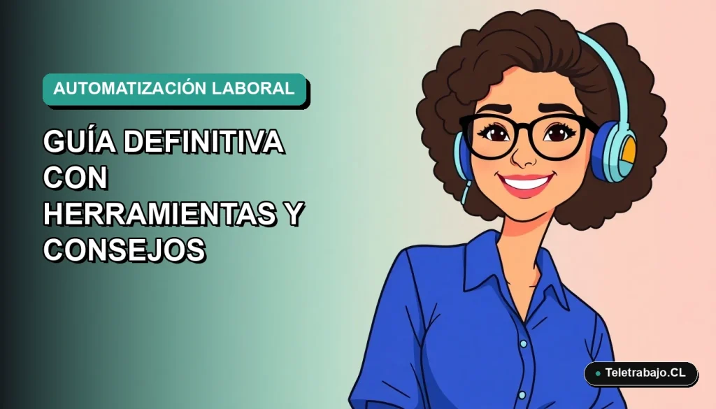 Ilustración plana vectorial de una mujer profesional chilena sonriente, con blusa azul, mirando una interfaz de automatización de búsqueda de empleo. Fondo con gradiente suave de color verde azulado.