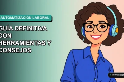 Ilustración plana vectorial de una mujer profesional chilena sonriente, con blusa azul, mirando una interfaz de automatización de búsqueda de empleo. Fondo con gradiente suave de color verde azulado.