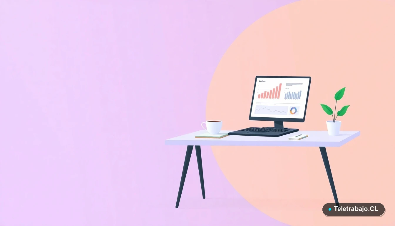 Escritorio moderno minimalista con laptop, gráficos abstractos, taza de café y planta, representando la automatización de procesos de búsqueda de empleo. Fondo con gradiente de lavanda y durazno.