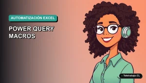 Ilustración vectorial plana premium de una profesional chilena analista de datos sonriendo, con fondo degradado azul verdoso, representando automatización de informes en Excel.