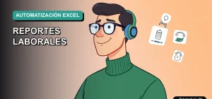 Ilustración vectorial plana de un trabajador masculino de tecnología, con suéter verde, viendo gráficos en pantalla. Fondo degradado azul-verde. Concepto de automatización de reportes en Excel.