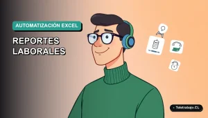 Ilustración vectorial plana de un trabajador masculino de tecnología, con suéter verde, viendo gráficos en pantalla. Fondo degradado azul-verde. Concepto de automatización de reportes en Excel.