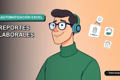 Ilustración vectorial plana de un trabajador masculino de tecnología, con suéter verde, viendo gráficos en pantalla. Fondo degradado azul-verde. Concepto de automatización de reportes en Excel.