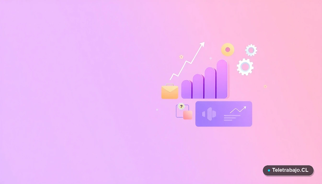 Composición abstracta de interfaz de usuario tecnológica con gráficos flotantes, engranajes y carpetas en tonos lavanda y durazno. Fondo con gradiente lavanda, espacio negativo minimalista. Concepto de automatización, datos y procesos digitales.