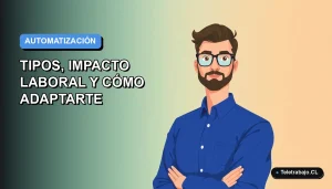 Ilustración vectorial plana de un trabajador chileno en teletrabajo, con fondo degradado azul, representando la adaptación a la automatización en 2026.