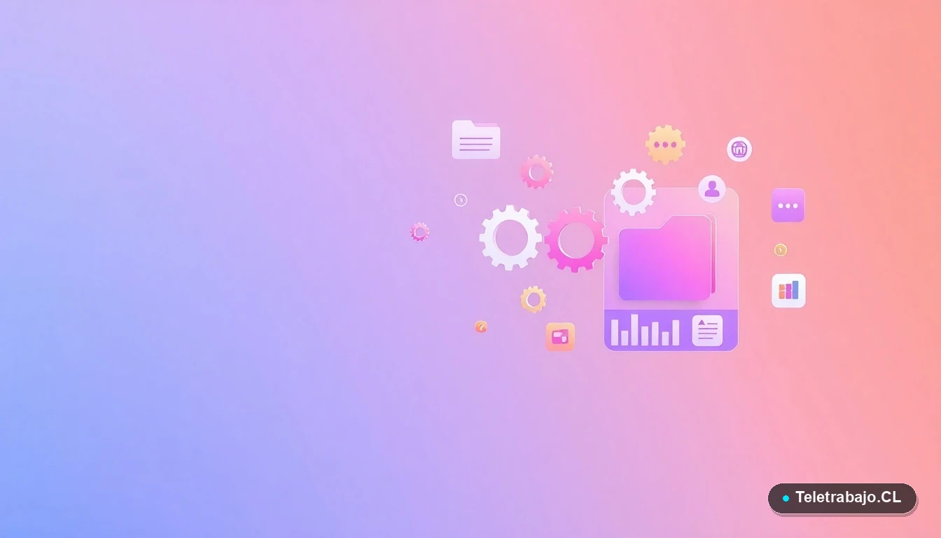Elementos abstractos de interfaz de usuario tecnológica, con gráficos y engranajes flotantes, sobre fondo degradado lavanda, simbolizando la automatización en Chile.
