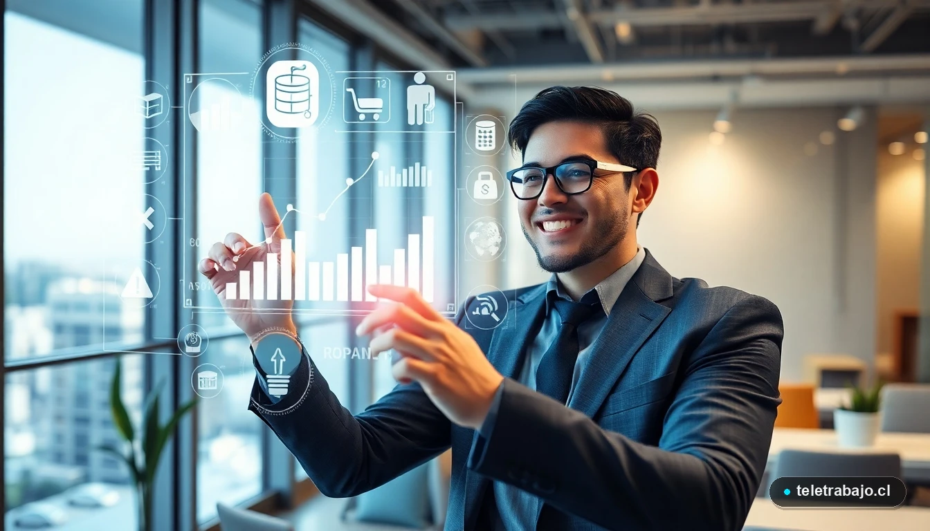 Profesional chileno interactuando con tecnología de automatización en una oficina moderna en Santiago, simbolizando la evolución del trabajo.