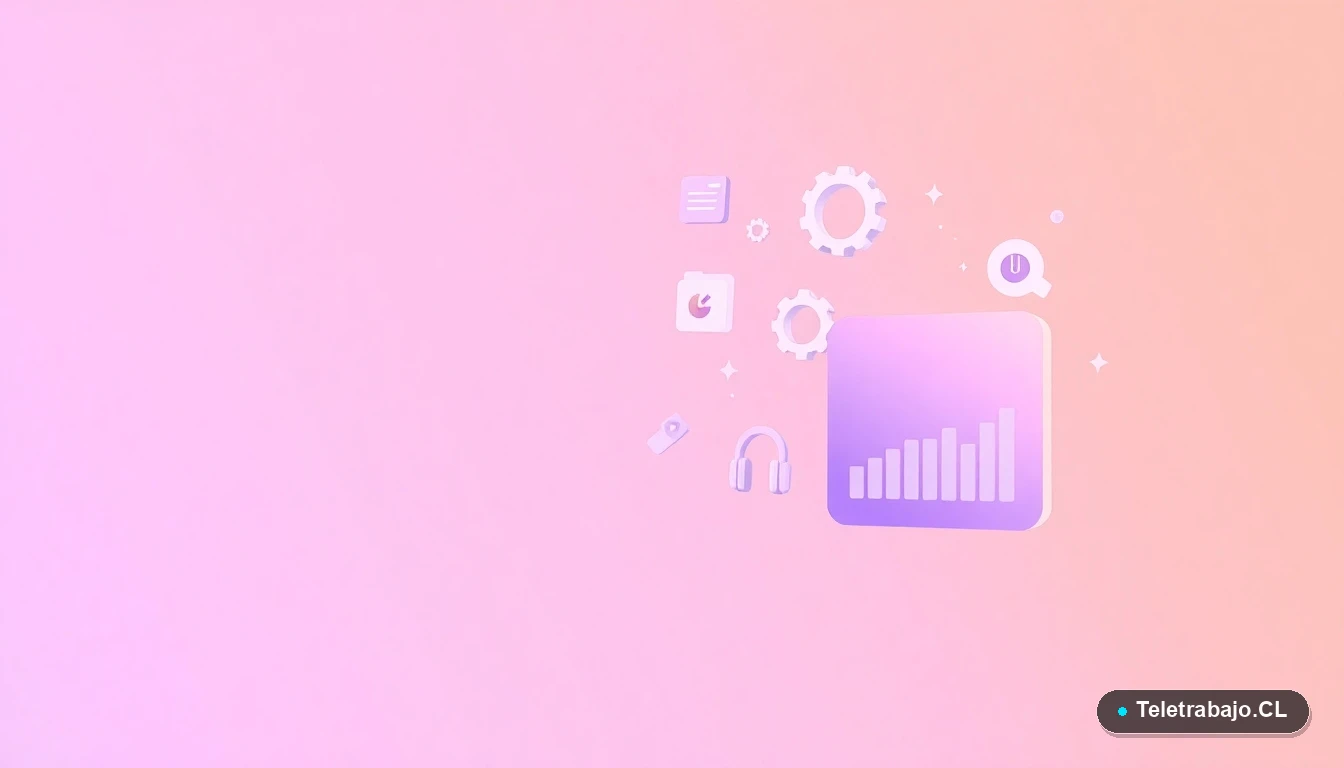 Composición abstracta de interfaz de usuario tecnológica con gráficos y engranajes flotantes, sobre un fondo degradado lavanda, representando la automatización digital en Chile.