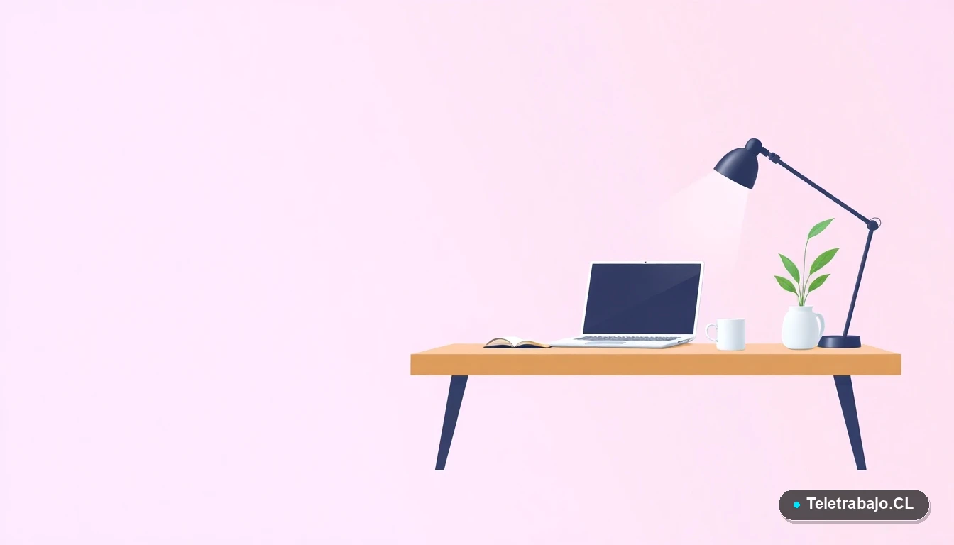 Escritorio moderno minimalista vacío con laptop, cuaderno y café, ilustración plana con fondo degradado lila, representando la automatización y el espacio de trabajo optimizado.