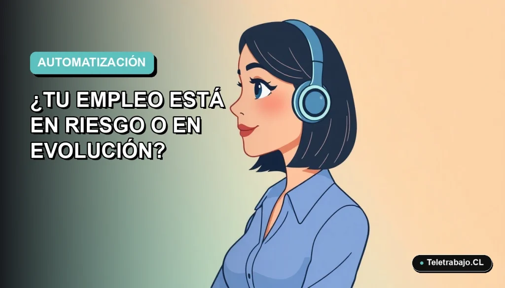 Ilustración vectorial plana de una mujer profesional chilena de teletrabajo, con blusa azul y corte bob, mirando hacia un futuro tecnológico. Fondo con gradiente suave de azul a verde menta.