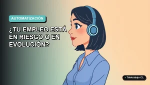 Ilustración vectorial plana de una mujer profesional chilena de teletrabajo, con blusa azul y corte bob, mirando hacia un futuro tecnológico. Fondo con gradiente suave de azul a verde menta.