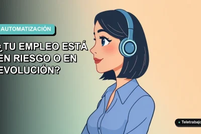 Ilustración vectorial plana de una mujer profesional chilena de teletrabajo, con blusa azul y corte bob, mirando hacia un futuro tecnológico. Fondo con gradiente suave de azul a verde menta.