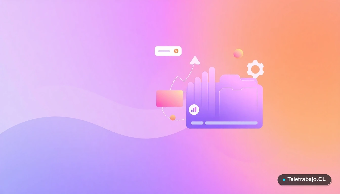 Composición abstracta de interfaz de usuario tecnológica con gráficos, engranajes y carpetas flotantes en colores lavanda y durazno. Ilustración vectorial plana con fondo degradado.