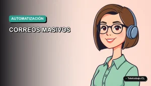Ilustración vectorial plana de estilo Corporate Memphis mostrando a una trabajadora remota chilena sonriente, con fondo degradado azul verdoso, para artículo sobre automatización de correos en Outlook.