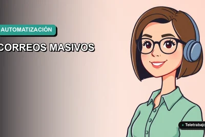 Ilustración vectorial plana de estilo Corporate Memphis mostrando a una trabajadora remota chilena sonriente, con fondo degradado azul verdoso, para artículo sobre automatización de correos en Outlook.