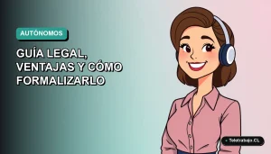 Ilustración plana de trabajadora autónoma chilena sonriendo, con fondo degradado azul verdoso, estilo Corporate Memphis.