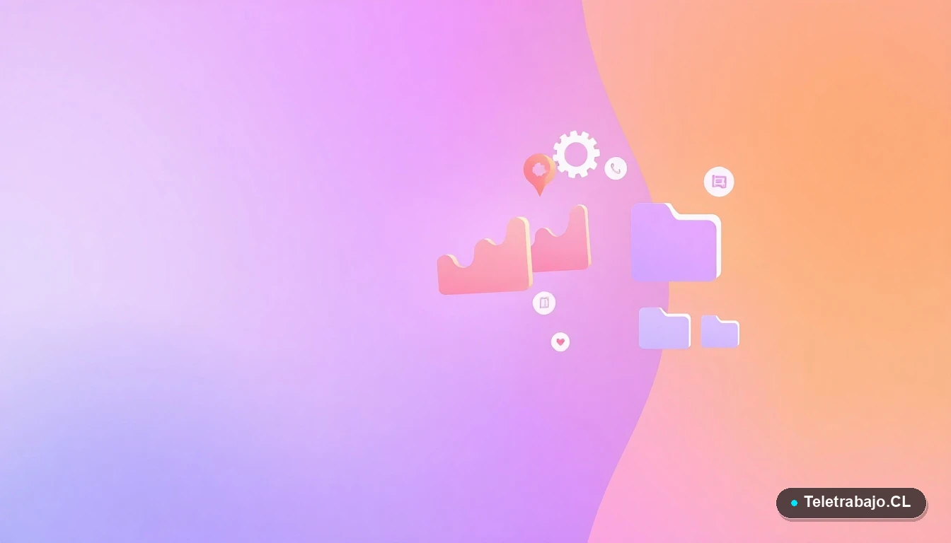 Elementos de interfaz de usuario abstractos: gráficos flotantes, engranaje y carpetas minimalistas, sobre fondo degradado lila y durazno.