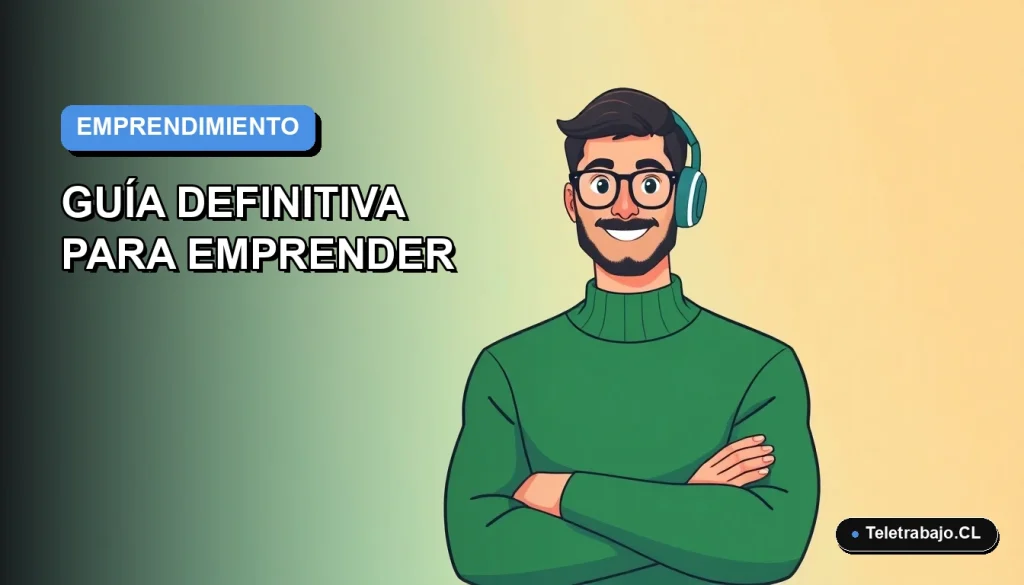 Ilustración vectorial plana de un trabajador remoto masculino con suéter verde, sobre un fondo degradado azul. Guía para elegir entre ser autónomo o empresario individual en Chile.