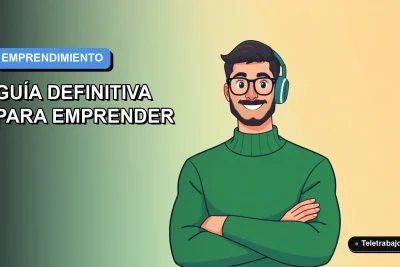 Ilustración vectorial plana de un trabajador remoto masculino con suéter verde, sobre un fondo degradado azul. Guía para elegir entre ser autónomo o empresario individual en Chile.