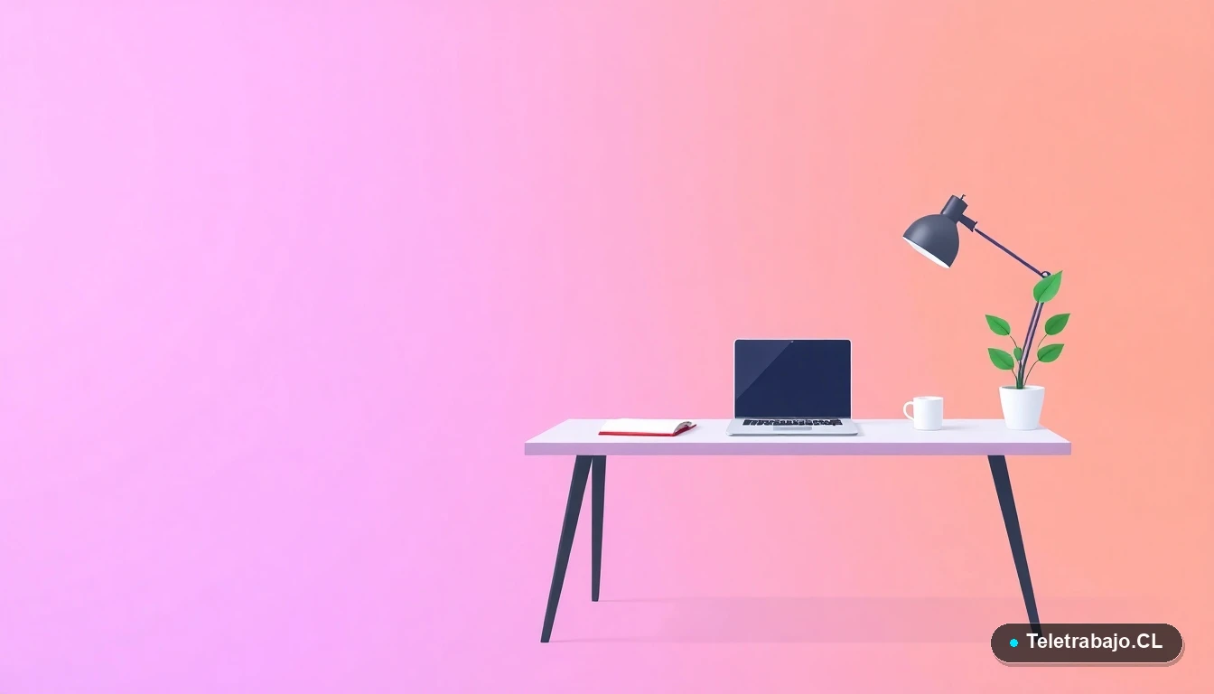 Escritorio moderno minimalista con laptop, cuaderno y taza de café, ilustración vectorial plana sobre fondo degradado lavanda. Concepto de espacio de trabajo para emprendedores en Chile.