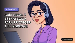 Ilustración plana de mujer profesional chilena autónoma, con fondo degradado lila y azul, representando el trabajo digital independiente.