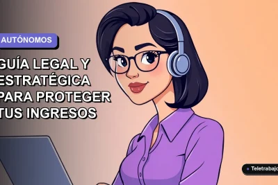 Ilustración plana de mujer profesional chilena autónoma, con fondo degradado lila y azul, representando el trabajo digital independiente.