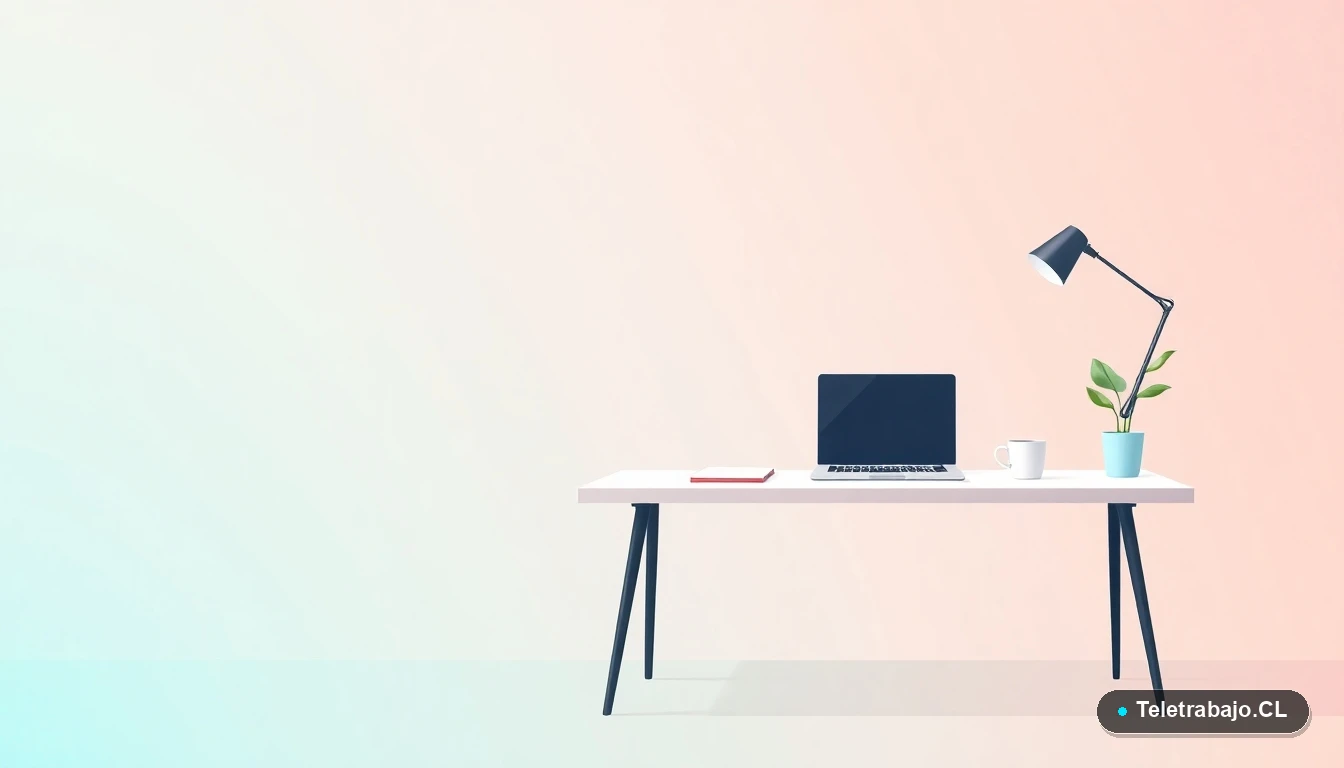 Escritorio moderno minimalista para autónomos, con laptop, café y planta, sobre fondo degradado de menta y verde azulado.