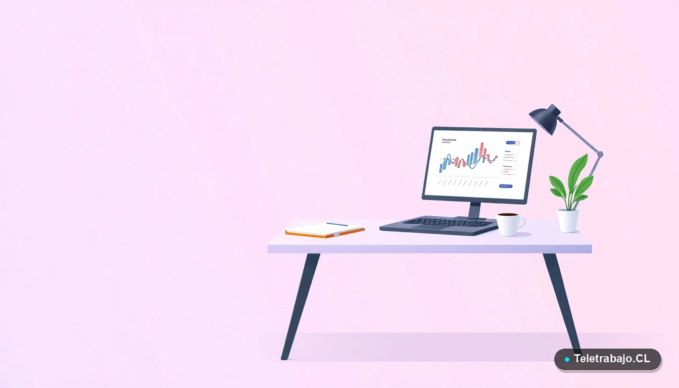 Escritorio moderno minimalista con laptop, gráficos de redes, café y planta, fondo degradado lila, concepto de trabajo remoto y networking profesional.