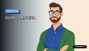 Ilustración vectorial plana de un hombre con camisa azul y suéter verde, sobre fondo degradado azul y gris, representando a un trabajador desempleado en Chile.