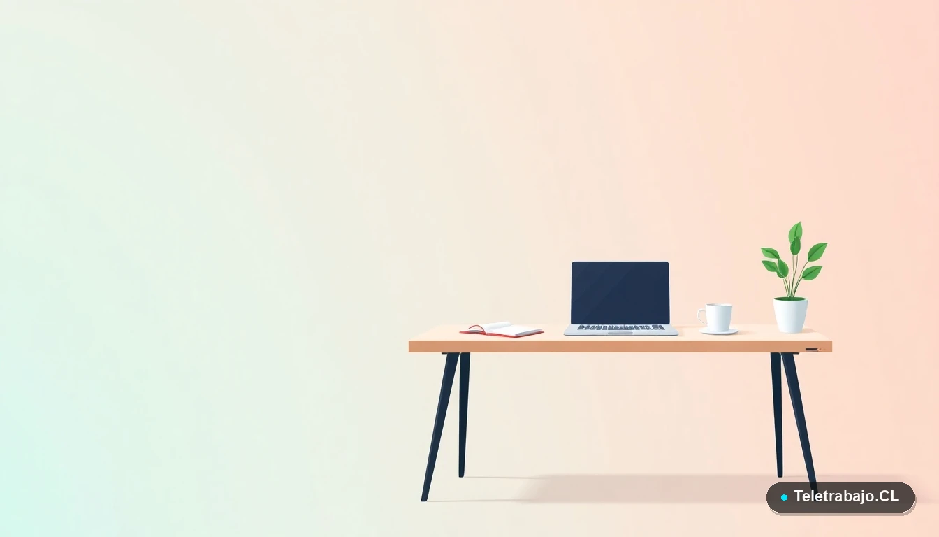 Escritorio moderno vacío con laptop, cuaderno y una taza de café, ilustración vectorial minimalista sobre fondo degradado menta y verde azulado.