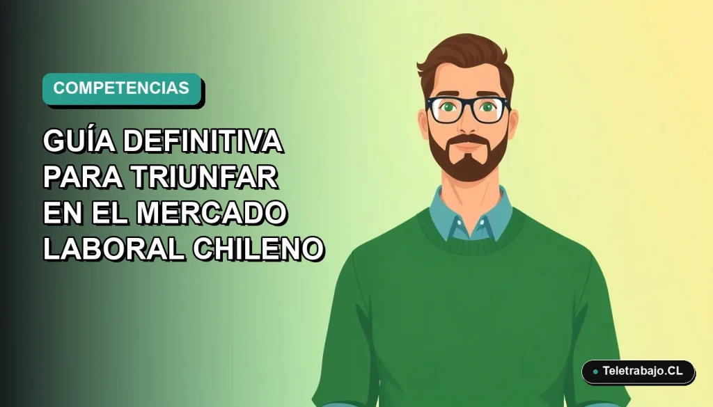 Ilustración vectorial plana de un trabajador masculino de tecnología con suéter verde, sobre un fondo degradado azul y verde. Representa el éxito laboral futuro en Chile.