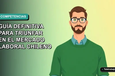 Ilustración vectorial plana de un trabajador masculino de tecnología con suéter verde, sobre un fondo degradado azul y verde. Representa el éxito laboral futuro en Chile.