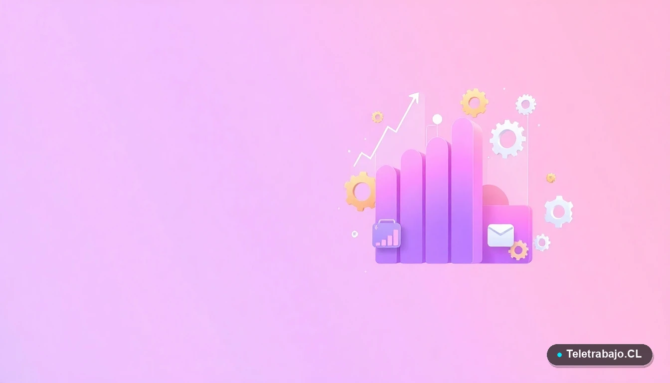 Composición abstracta de interfaz de usuario tecnológica con gráficos, engranajes y carpetas flotantes en tonos lavanda y durazno, sobre fondo degradado. Concepto de habilidades y datos para el futuro laboral.