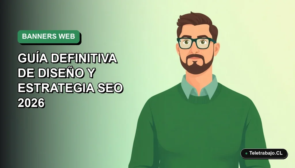 Ilustración plana vectorial de un trabajador remoto masculino con suéter verde, sobre fondo degradado suave, para guía de diseño de banners laterales web y SEO 2026.